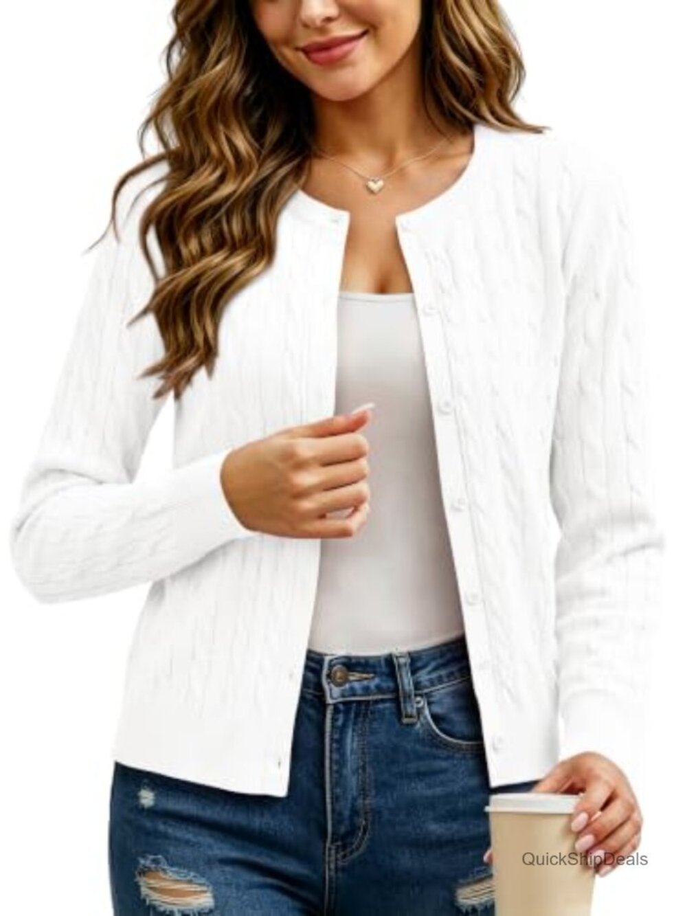 Cable Knit Button Front Cardigan Sweater Lightweight Crew Neck